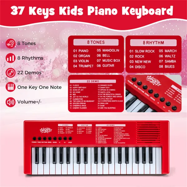 Red 37 Keys Kids Electronic Keyboard With Microphone, 8 Tones & 8 Rhythms Piano Toy For Ages 3+ photo 2