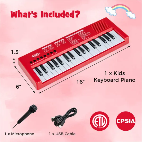 Red 37 Keys Kids Electronic Keyboard With Microphone, 8 Tones & 8 Rhythms Piano Toy For Ages 3+ photo 3