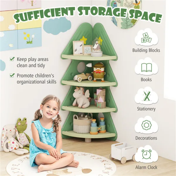 4-Tier Kids Christmas Tree Corner Bookshelf, Anti-Falling Guardrails & Anti-Tipping Kit For 3 Years photo 4