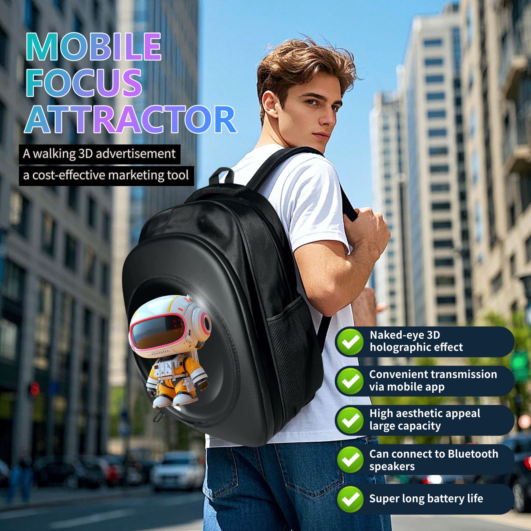 Wiilala Cross-border 3D Holographic Backpack Mobile Outdoor Advertising Display Stereoscopic Projection 3D Holographic Backpack, Supports Content Replacement Via Mobile AppSupports 5V3A Power Bank photo 8