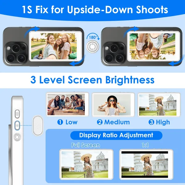 Vlog Selfie Monitor Screen Magnetic Rear Camera Phone Monitor Wireless Selfie Monitor Screen With 33FT Remote For Vlog Live Stream Compatible With IOS Android photo 4