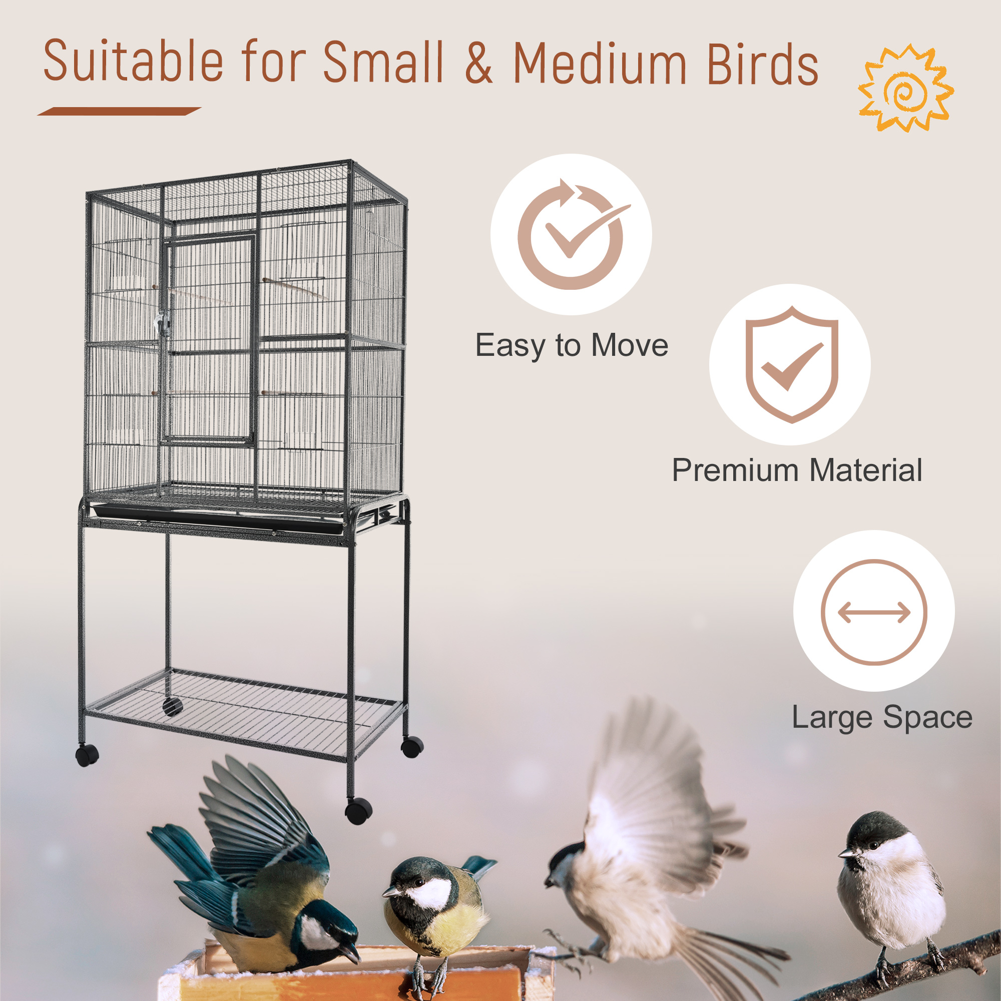 30" Rolling Metal Bird Cage Feeder with Detachable Rolling Stand, Storage Shelf, Wood Perch & Food Container photo 6