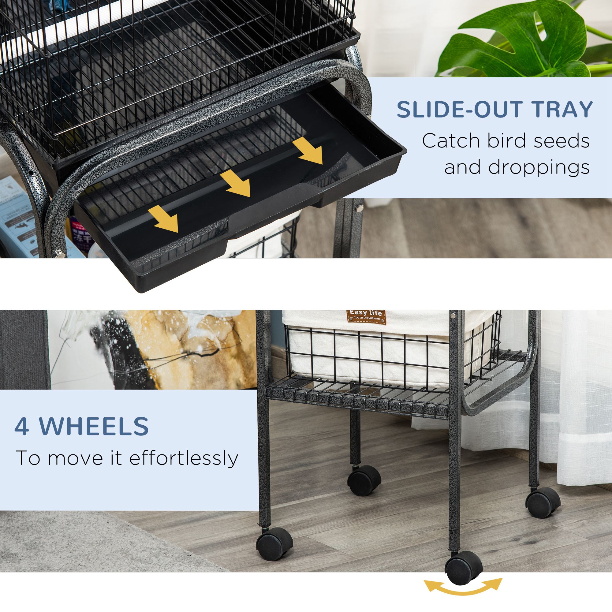 45-inch Metal Indoor Bird Cage, Parrot Cage, Bird Aviary with Detachable Rolling Stand, Storage Basket, and Accessories - Black photo 3