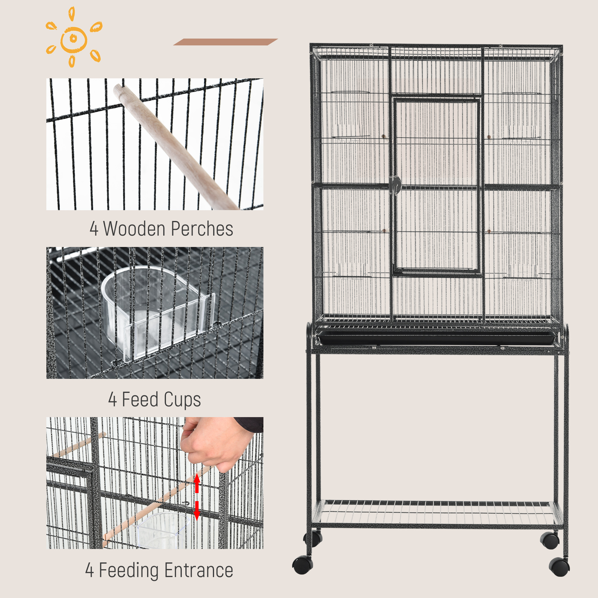 30" Rolling Metal Bird Cage Feeder with Detachable Rolling Stand, Storage Shelf, Wood Perch & Food Container photo 3