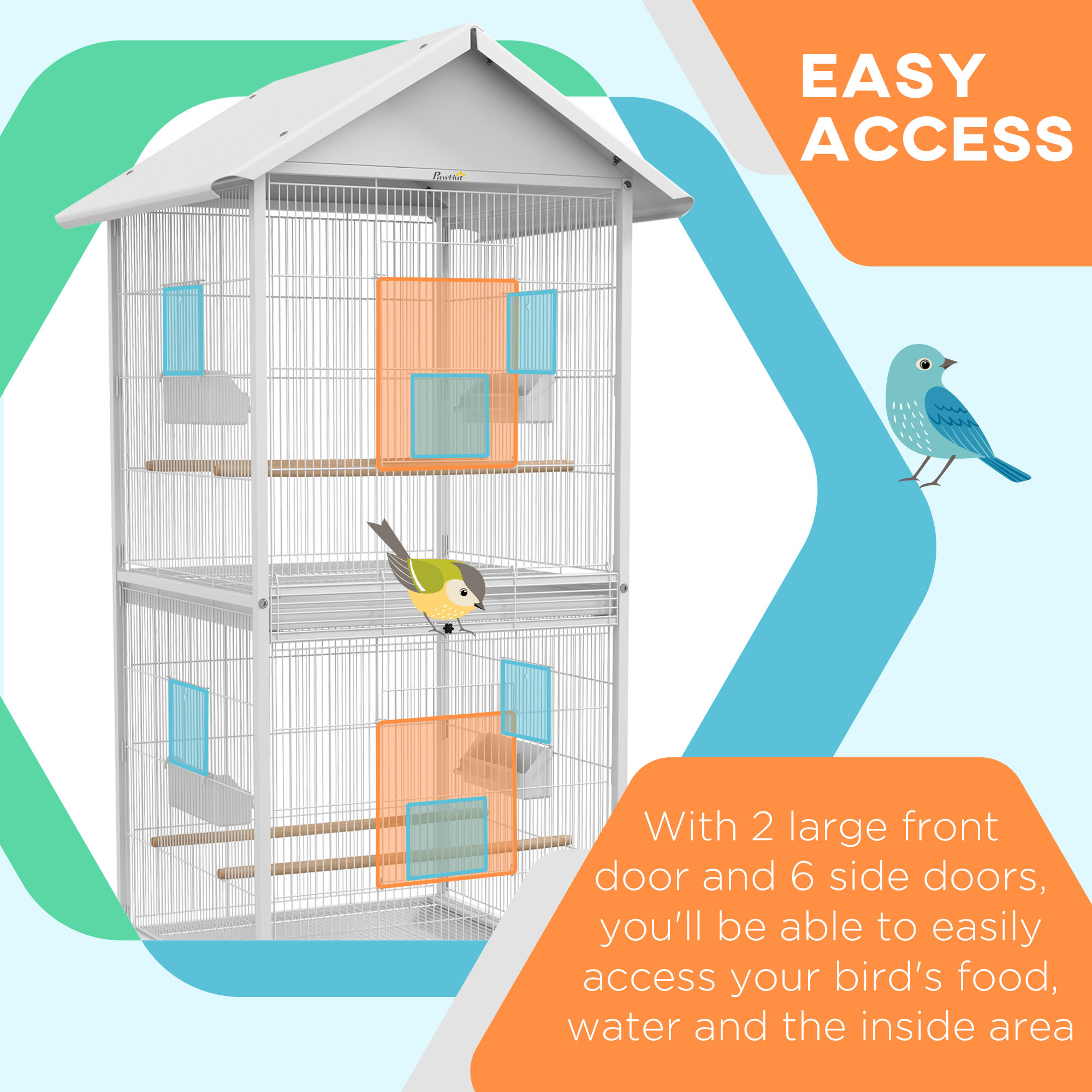 Wrought Metal Bird Cage Feeder with Rolling Stand Perches Food Containers Doors Wheels 67" H, White photo 7