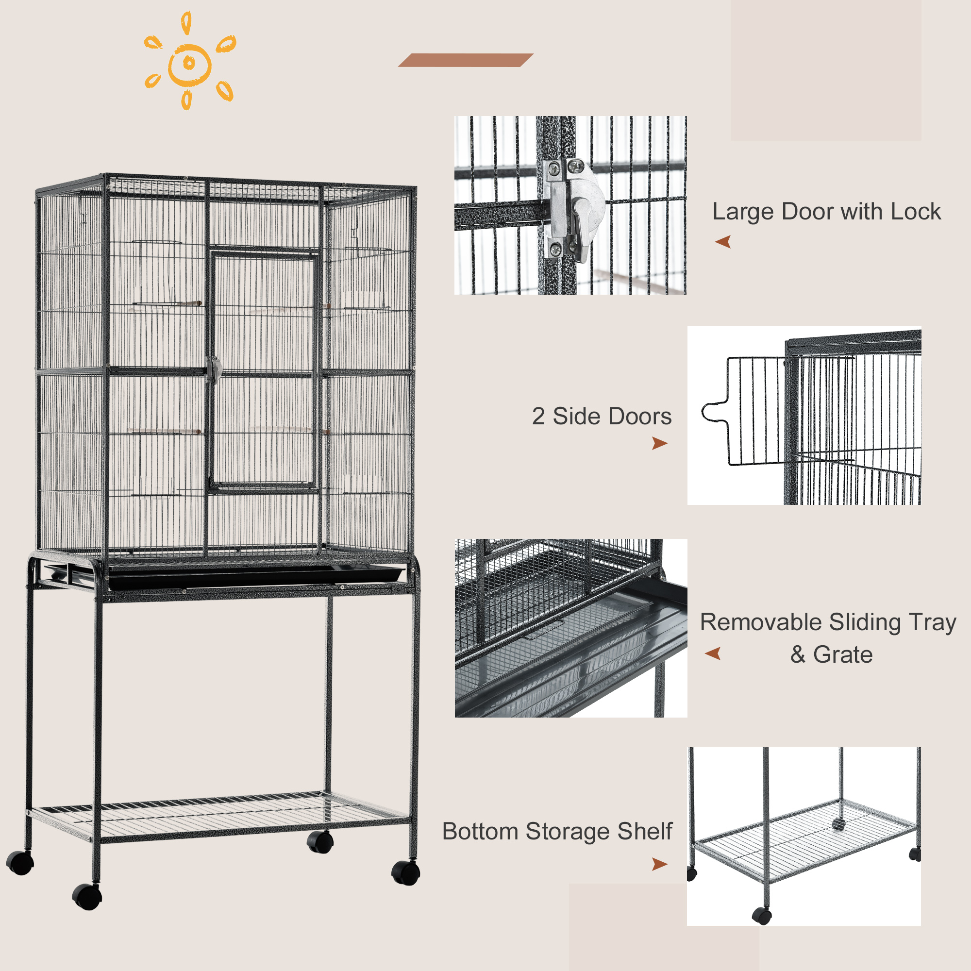 30" Rolling Metal Bird Cage Feeder with Detachable Rolling Stand, Storage Shelf, Wood Perch & Food Container photo 7