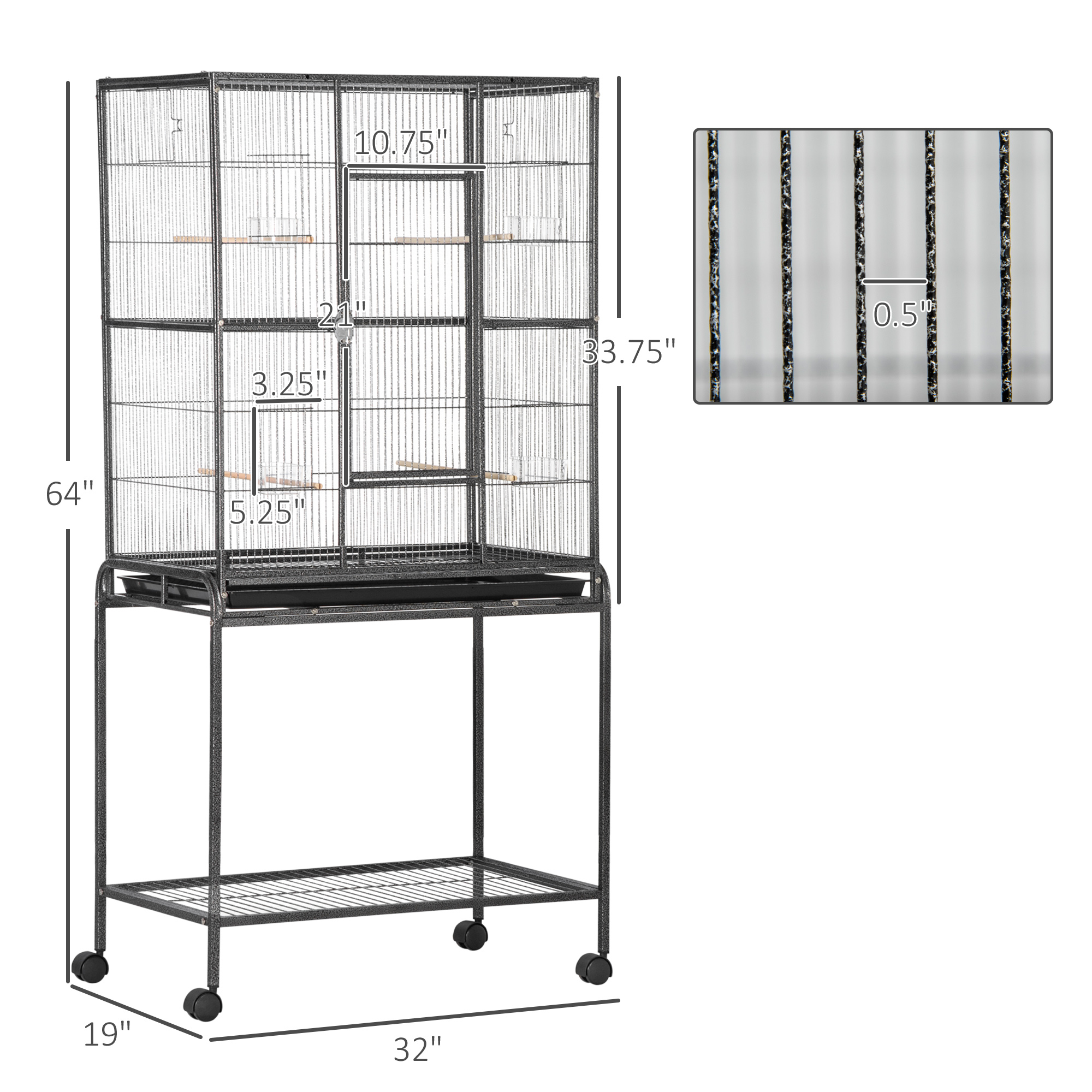 30" Rolling Metal Bird Cage Feeder with Detachable Rolling Stand, Storage Shelf, Wood Perch & Food Container photo 4