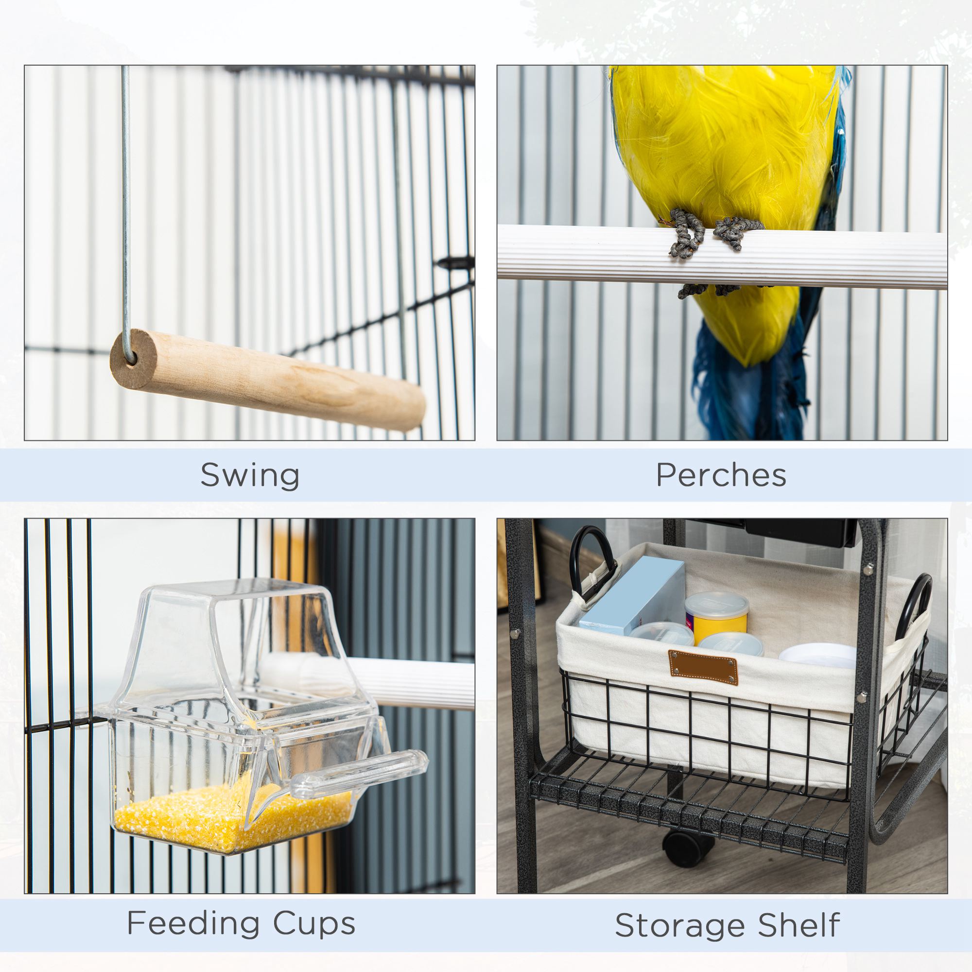 45-inch Metal Indoor Bird Cage, Parrot Cage, Bird Aviary with Detachable Rolling Stand, Storage Basket, and Accessories - Black photo 4