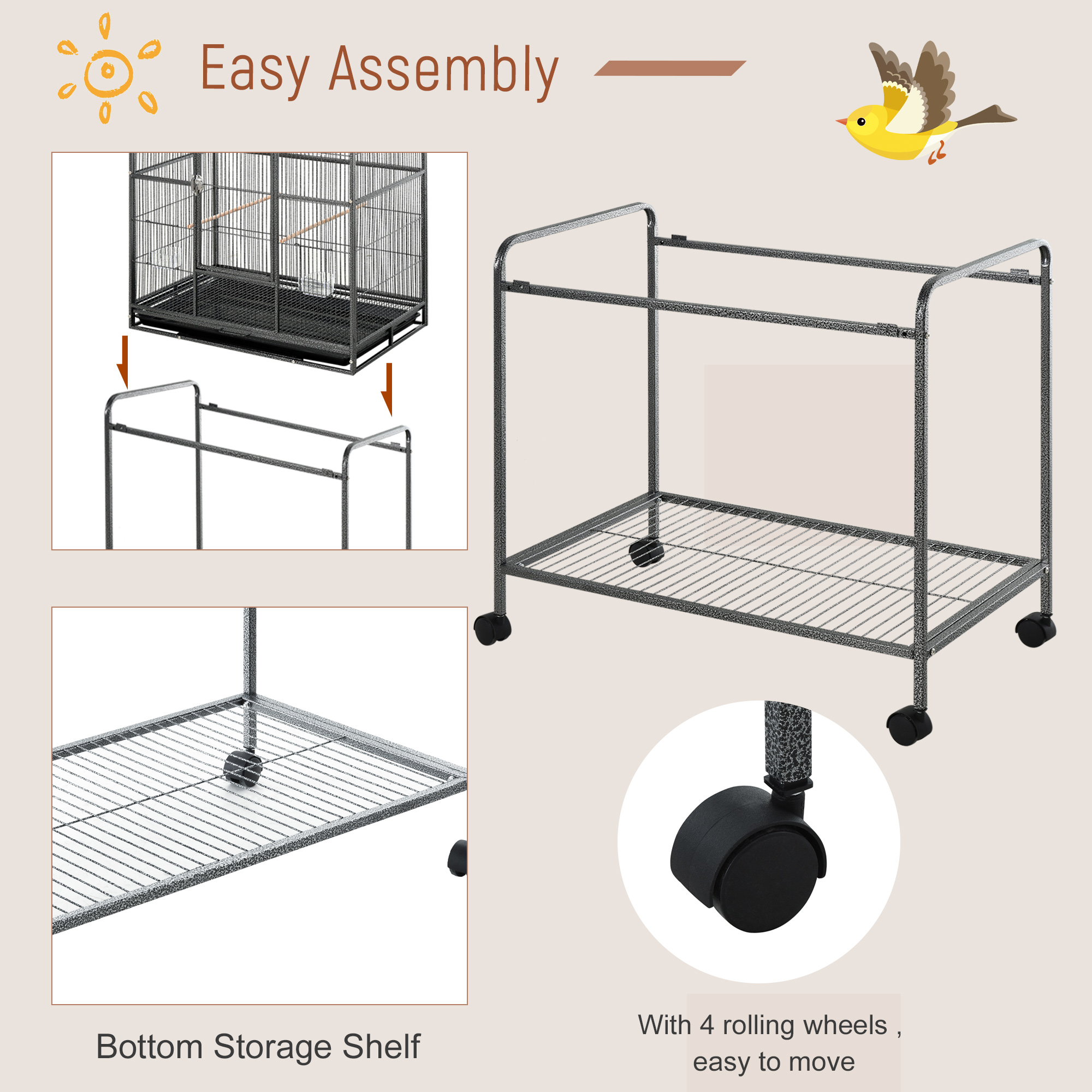 30" Rolling Metal Bird Cage Feeder with Detachable Rolling Stand, Storage Shelf, Wood Perch & Food Container photo 2