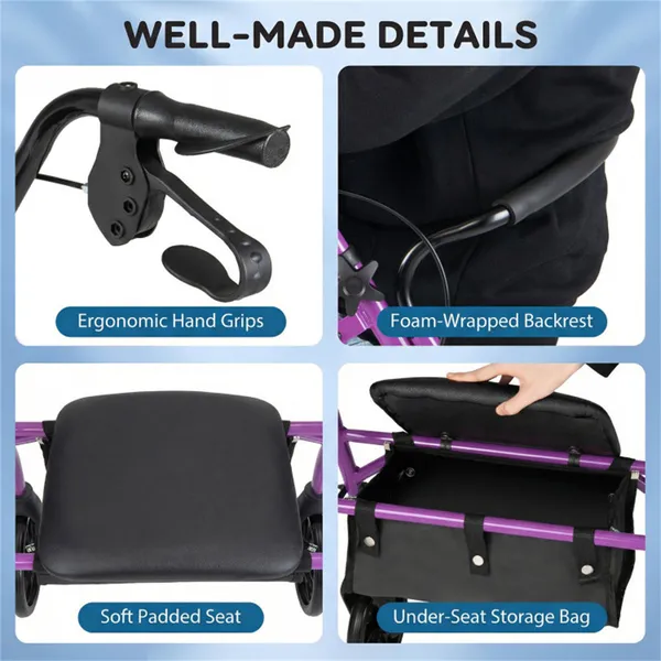 2-in-1 Rollator Walker With Seat (Purple), 8-Inch Large Wheels & Versatile Braking System, Adjustable Height photo 3