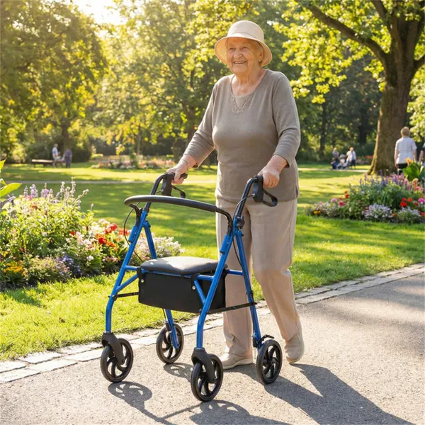 2-in-1 Rollator Walker With Seat (Blue), 8-Inch Large Wheels & Versatile Braking System, Adjustable Height photo 2