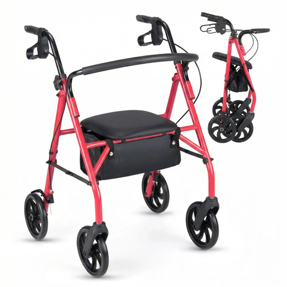 2-in-1 Rollator Walker With Seat (Red), 8-Inch Large Wheels & Versatile Braking System, Adjustable Height photo 6