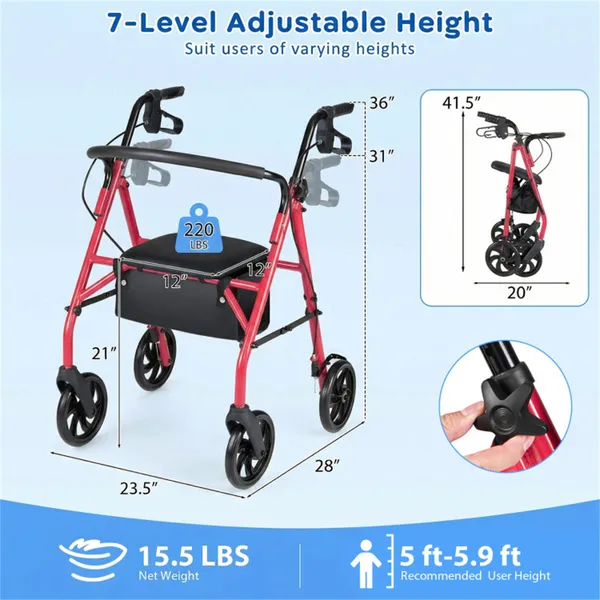 2-in-1 Rollator Walker With Seat (Red), 8-Inch Large Wheels & Versatile Braking System, Adjustable Height photo 4