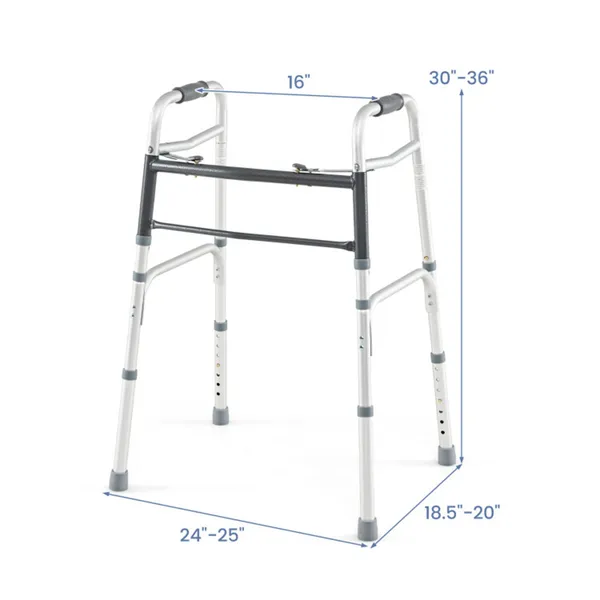 Silver Foldable Walker, 2-Button Folding Mechanism & 7-Level Adjustable Height (30"-36"), 350LBS Capacity photo 3