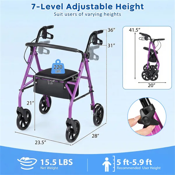 2-in-1 Rollator Walker With Seat (Purple), 8-Inch Large Wheels & Versatile Braking System, Adjustable Height photo 2