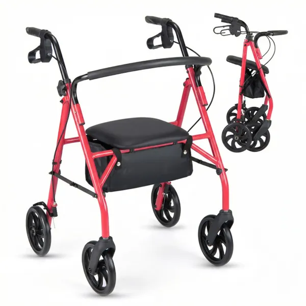 2-in-1 Rollator Walker With Seat (Red), 8-Inch Large Wheels & Versatile Braking System, Adjustable Height photo 1