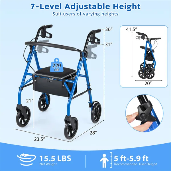2-in-1 Rollator Walker With Seat (Blue), 8-Inch Large Wheels & Versatile Braking System, Adjustable Height photo 5