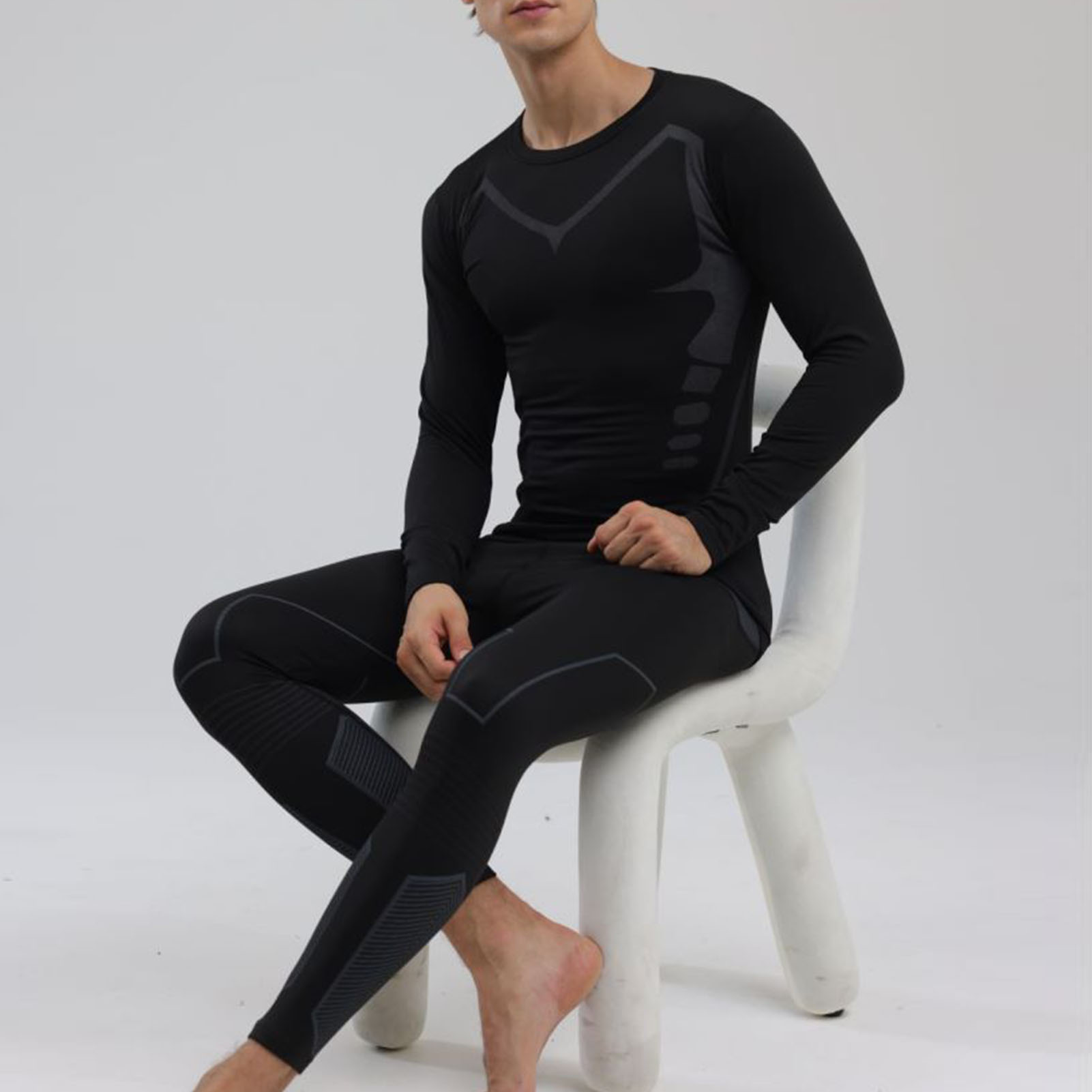 Men Thermal Underwear Set Shirt Pants Autumn Slim Fit Thermal Underwear Top Bottom Set Black S photo 2