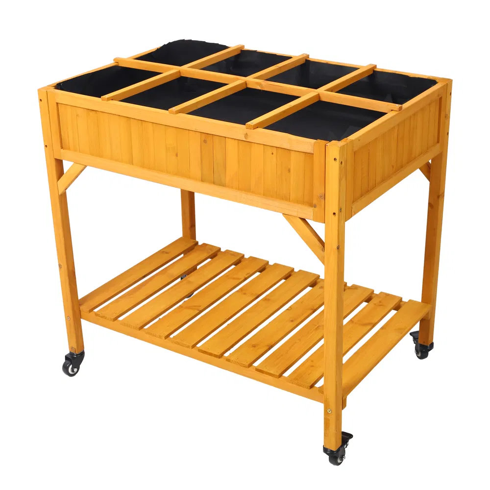 Elevated 8 Pocket Herb Garden Bed, Mobile Raised Customizable Wood Planter For Herbs, Vegetables, Flowers W/ Lockable Wheels, Storage Shelf, Drainage Holes photo 6