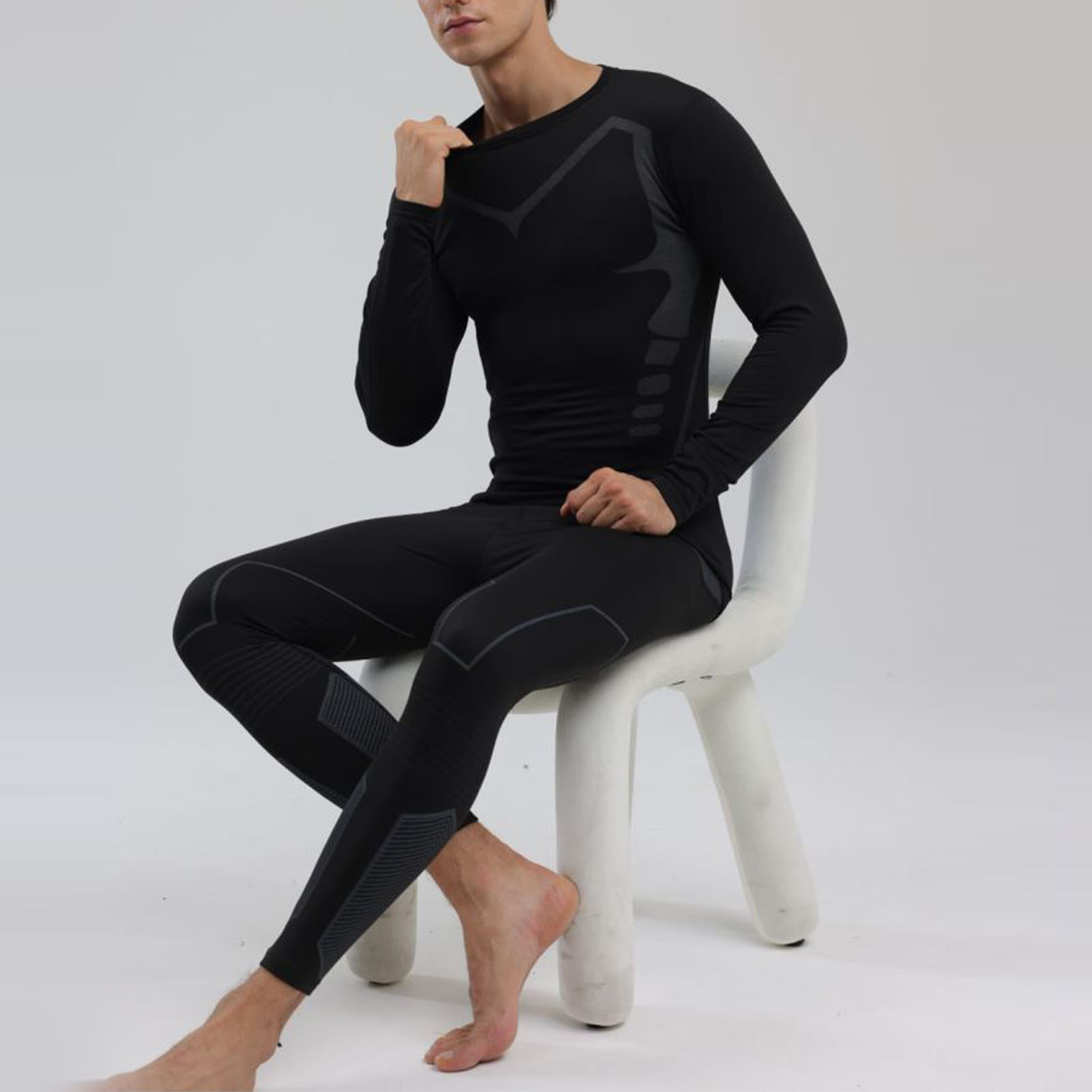 Men Thermal Underwear Set Shirt Pants Autumn Slim Fit Thermal Underwear Top Bottom Set Black M photo 2