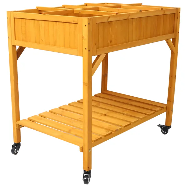 Elevated 8 Pocket Herb Garden Bed, Mobile Raised Customizable Wood Planter For Herbs, Vegetables, Flowers W/ Lockable Wheels, Storage Shelf, Drainage Holes photo 5