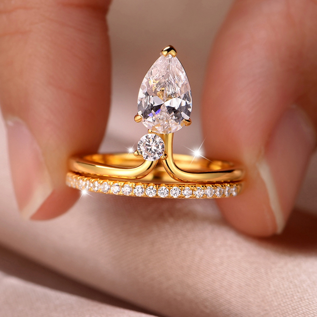 S925 Silver Gold Plated 6x9mm Pear Moissanite Bridal Ring Set D Color VVS1 Wave Pave Band US 6-9 GRA Certified Gift Box photo 3