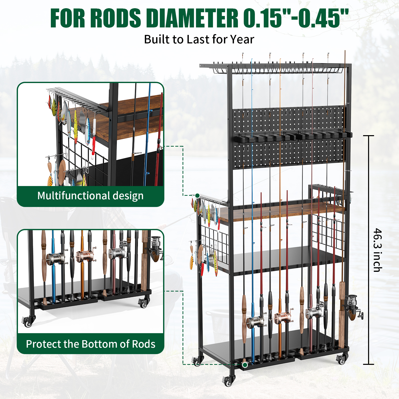 Fishing Rod Storage Rack With Pegboard, Rolling Tackle Organizer Cart, Multi-Tier Fishing Gear Stand For Rods, Reels, Tackle Boxes & Bags, Heavy Duty Metal Holders With Lockable Wheels photo 5