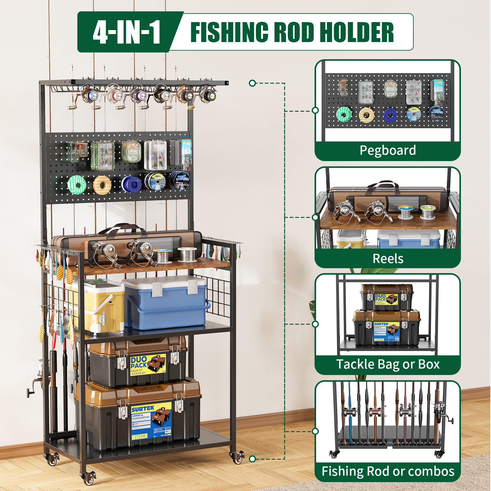 Fishing Rod Storage Rack With Pegboard, Rolling Tackle Organizer Cart, Multi-Tier Fishing Gear Stand For Rods, Reels, Tackle Boxes & Bags, Heavy Duty Metal Holders With Lockable Wheels photo 2