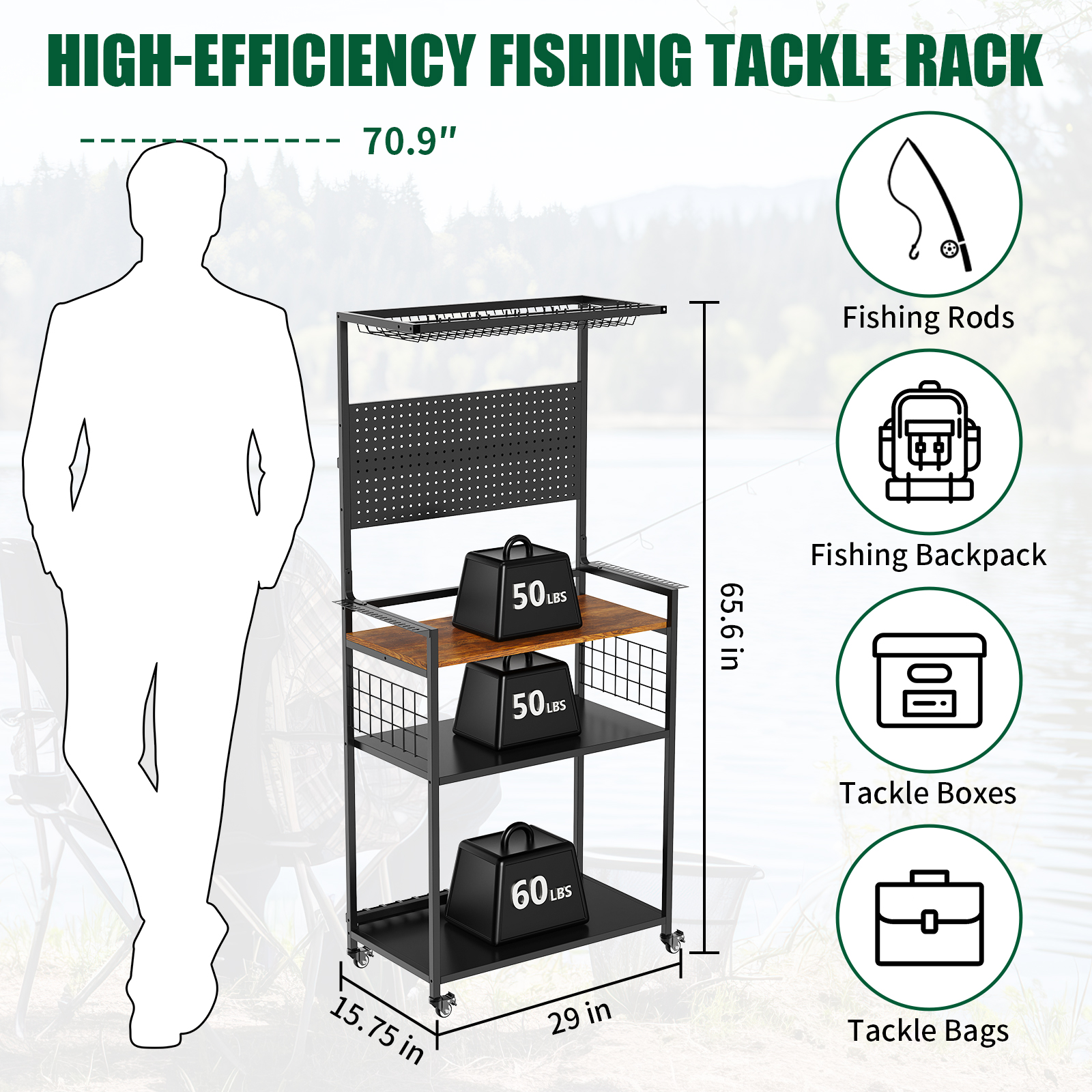 Fishing Rod Storage Rack With Pegboard, Rolling Tackle Organizer Cart, Multi-Tier Fishing Gear Stand For Rods, Reels, Tackle Boxes & Bags, Heavy Duty Metal Holders With Lockable Wheels photo 4