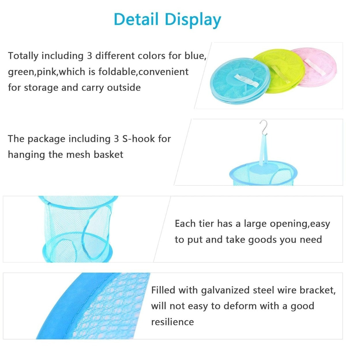 Hanging Storage Set, 3 Colorful Storage Baskets In Green, Blue, And Pink, Space-Saving Mesh Baskets For Toys And Small Items photo 4