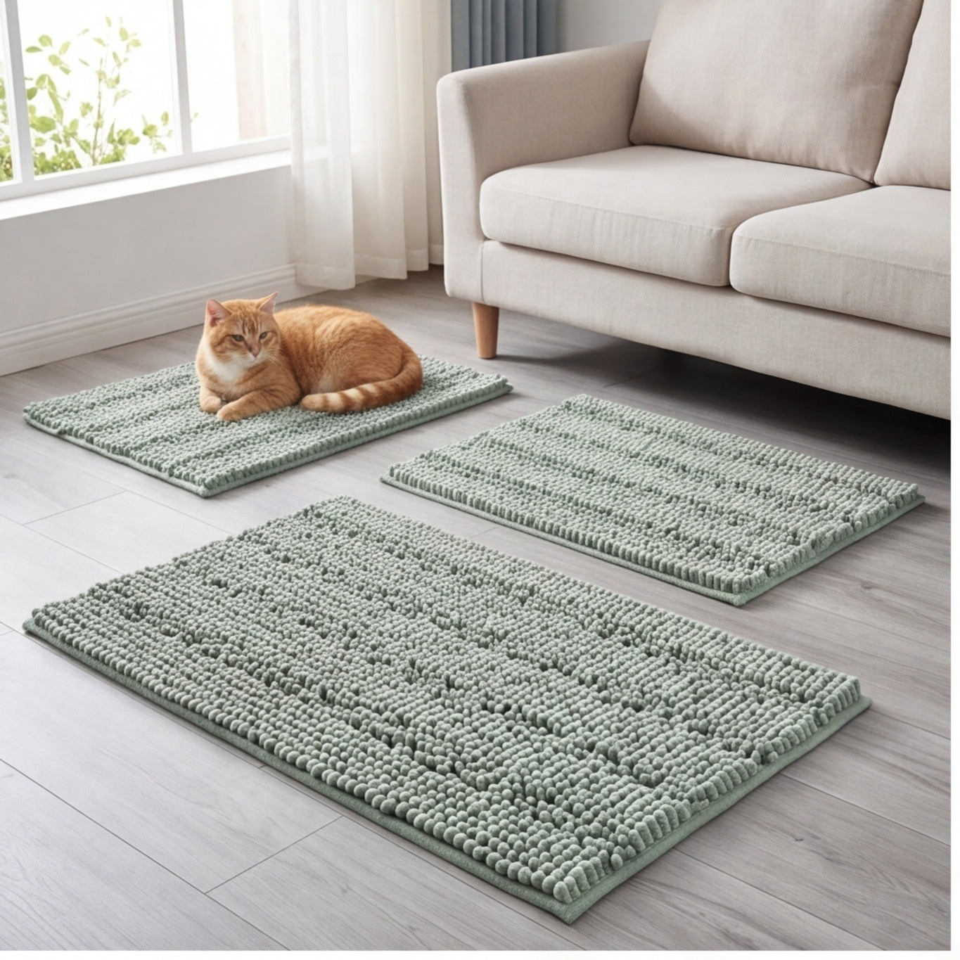Set Of 2 Chenille Doormats, Light Green Bathroom And Entryway Mats, Soft Rug Party Accessory Set photo 1