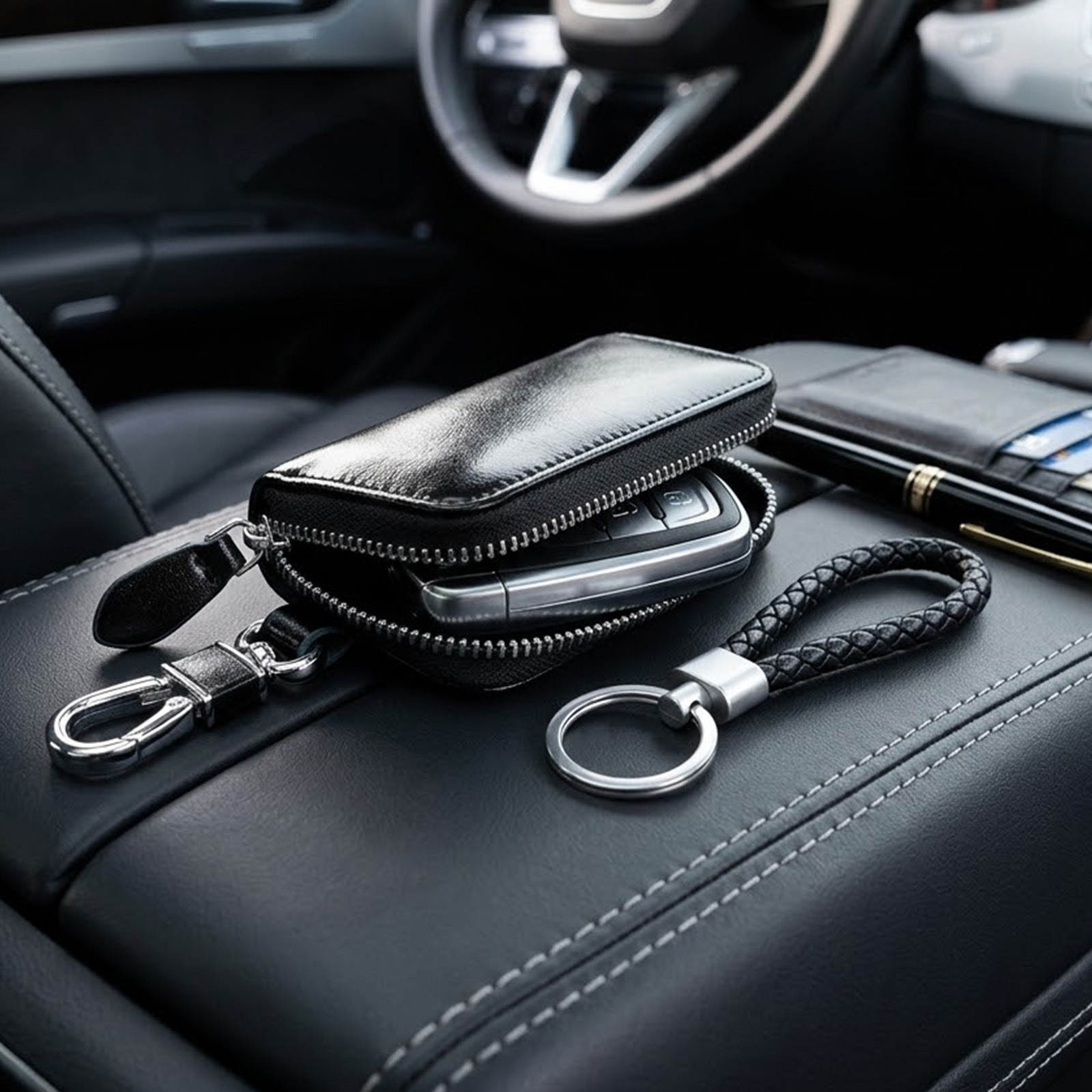 Black Leather Key Pouch With Zipper, Key Chains For Car Keys And House Keys—Accessories photo 1