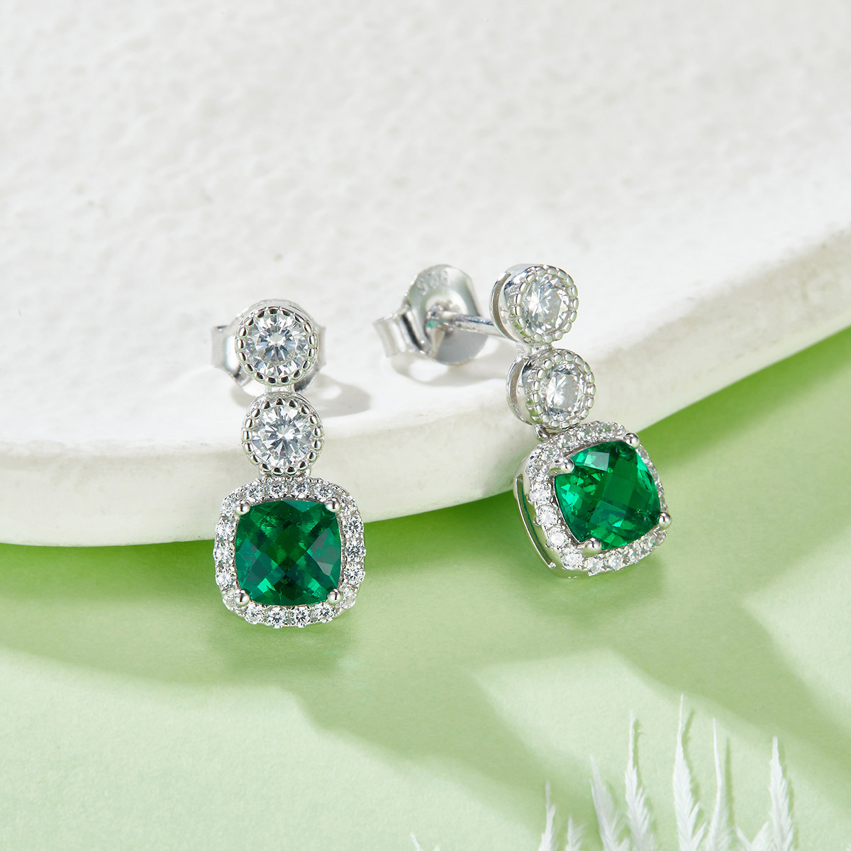 S925 Silver 2.2g Platinum Plated 0.98ct Lab-Created Emerald Drop Earrings, 5mm Halo Studs, Pair photo 2