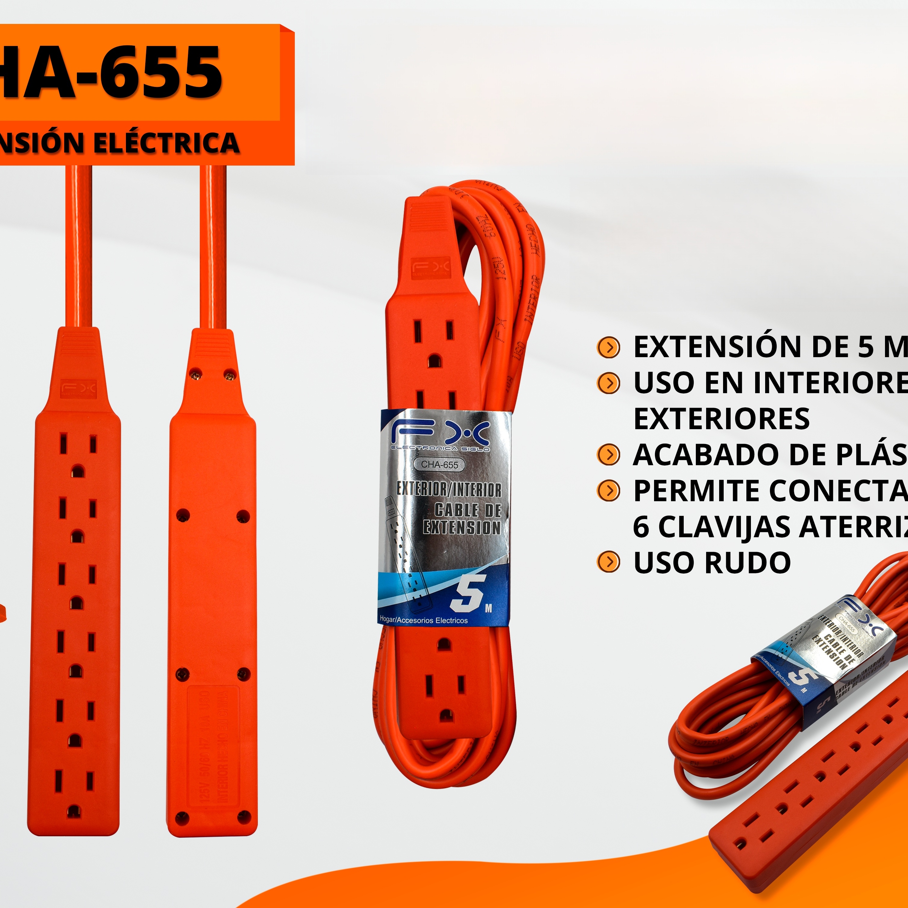 Power Extension Cord Strip Grounded 6-outlet Indoor/outdoor Home Use 5m Orange photo 1