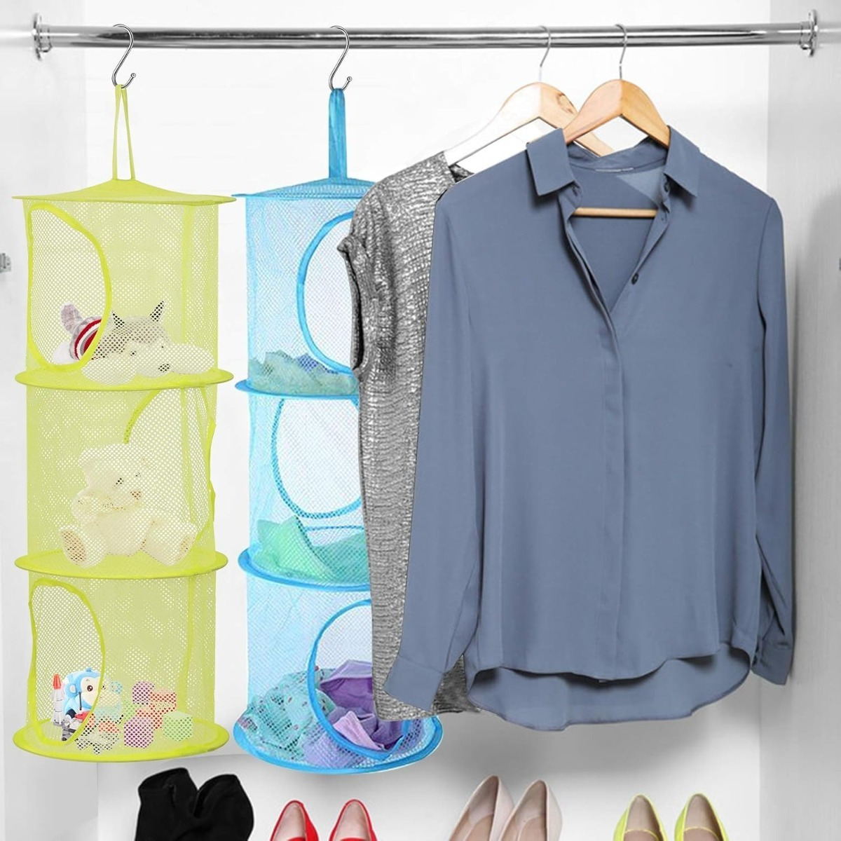 Hanging Storage Set, 3 Colorful Storage Baskets In Green, Blue, And Pink, Space-Saving Mesh Baskets For Toys And Small Items—Party Accessories Set photo 3