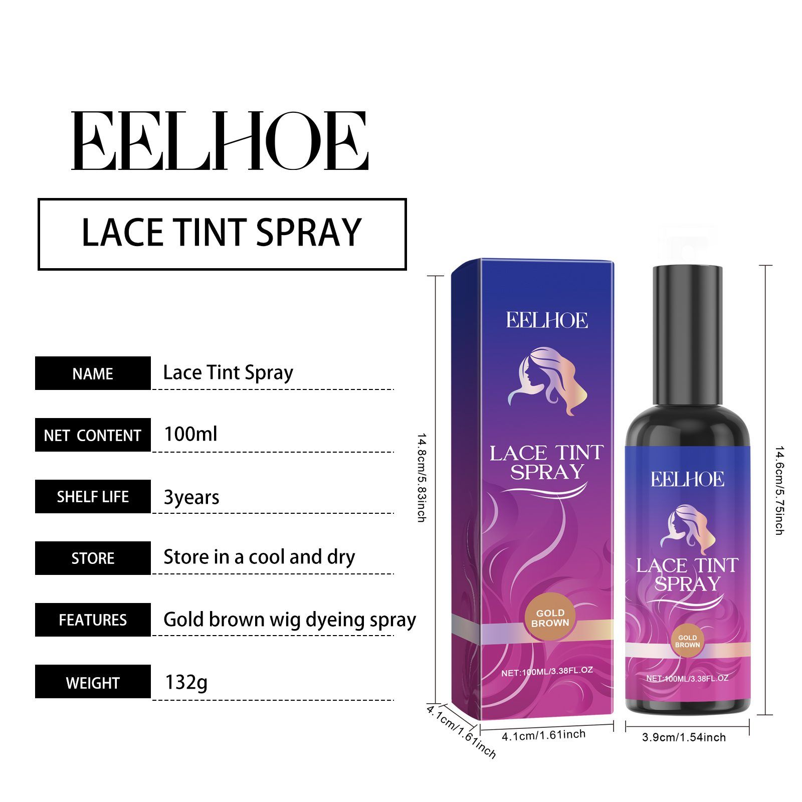 EELHOE Golden Brown Lace Wig Color Spray, 100 ml photo 5