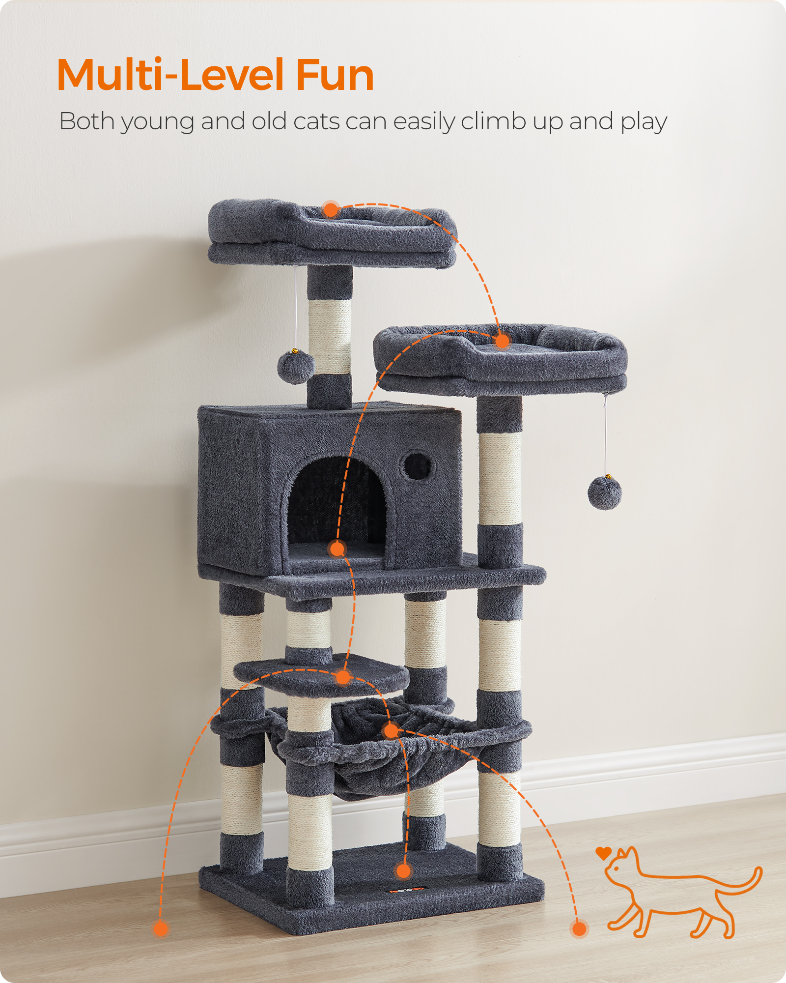 Cat Tree, 44.1-Inch Multi-Level Tower, 11 Scratching Posts photo 6