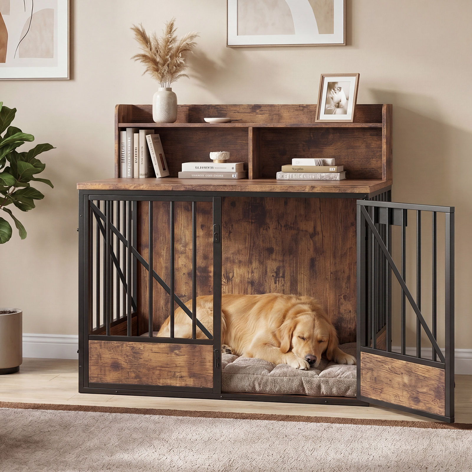Dog Crate Large Capacity Multifunctional Spacious Top Pet Kennel With 2 Open Storage Compartment photo 5