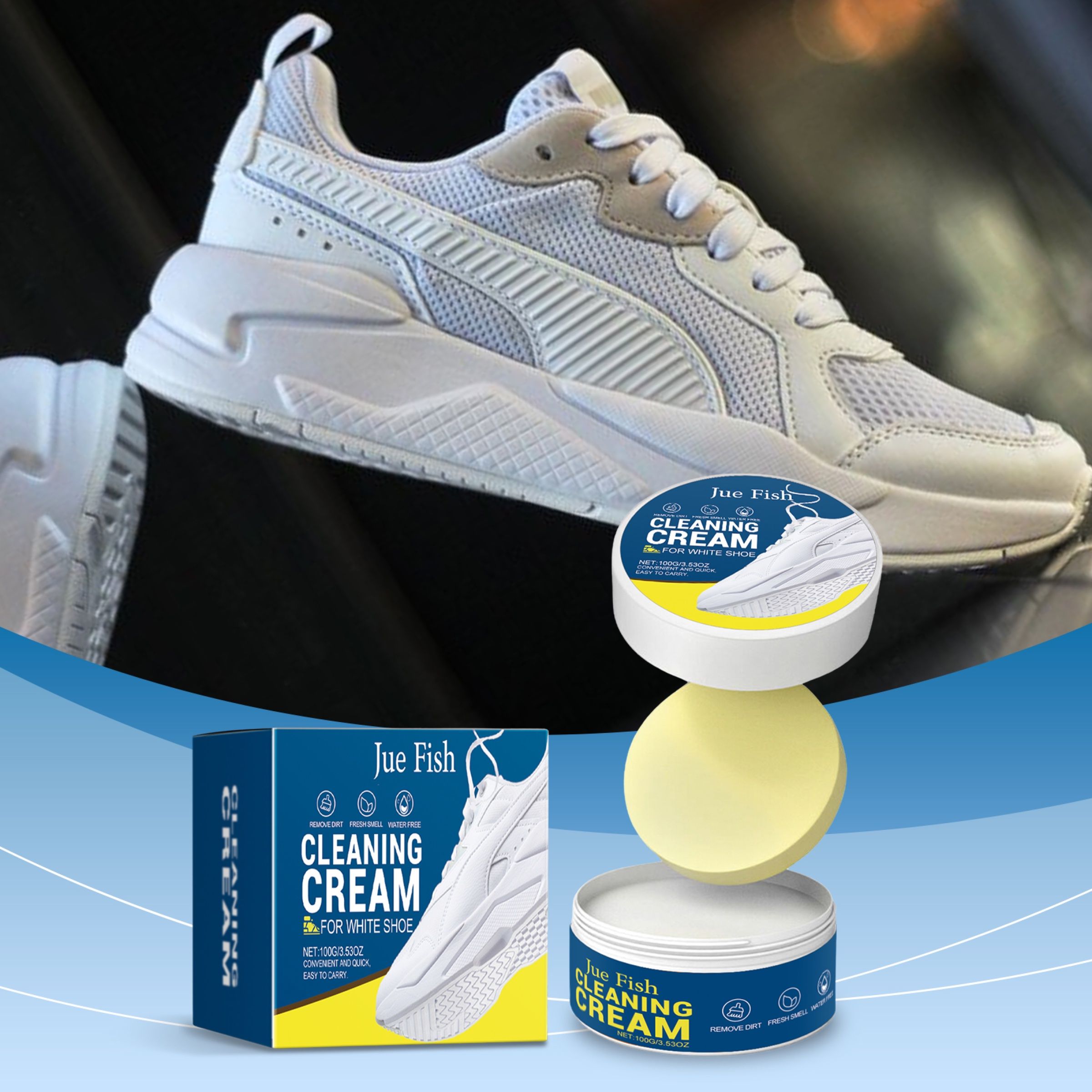 JUE FISH White Shoe Cleaning Cream, 100 g with Sponge photo 8