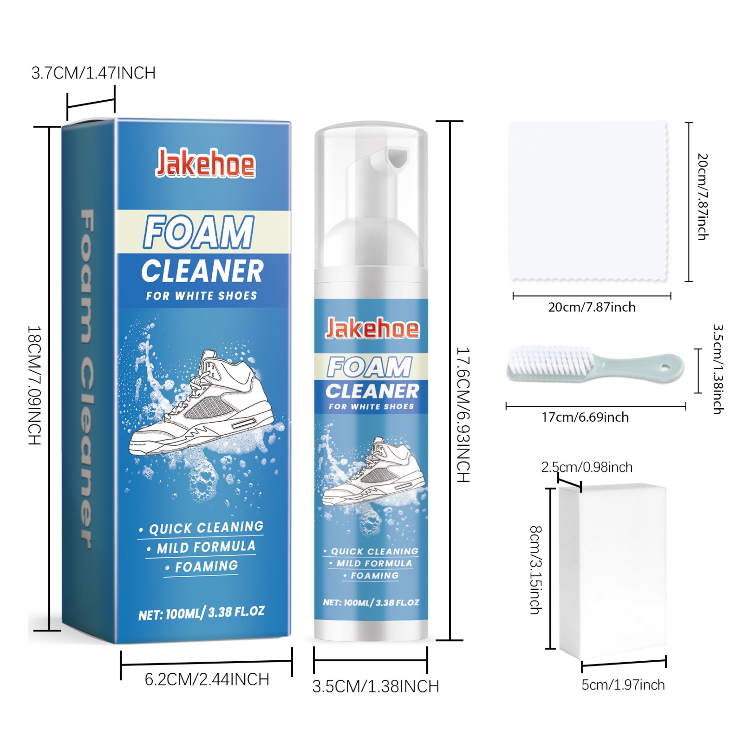 JAKEHOE Shoe Cleaning and Care Kit, 100 ml with Brush, Sponge and Towel photo 2