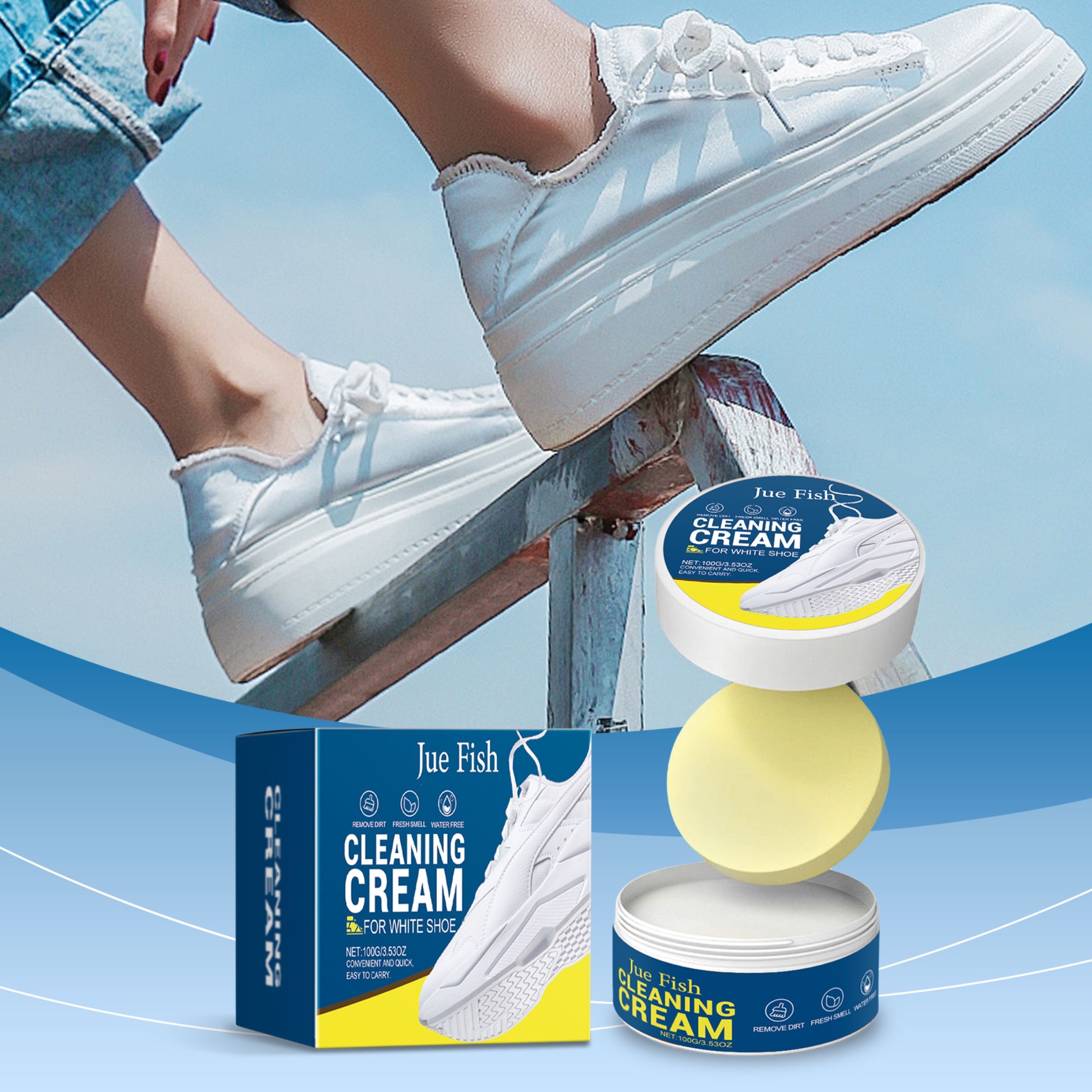 JUE FISH White Shoe Cleaning Cream, 100 g with Sponge photo 7