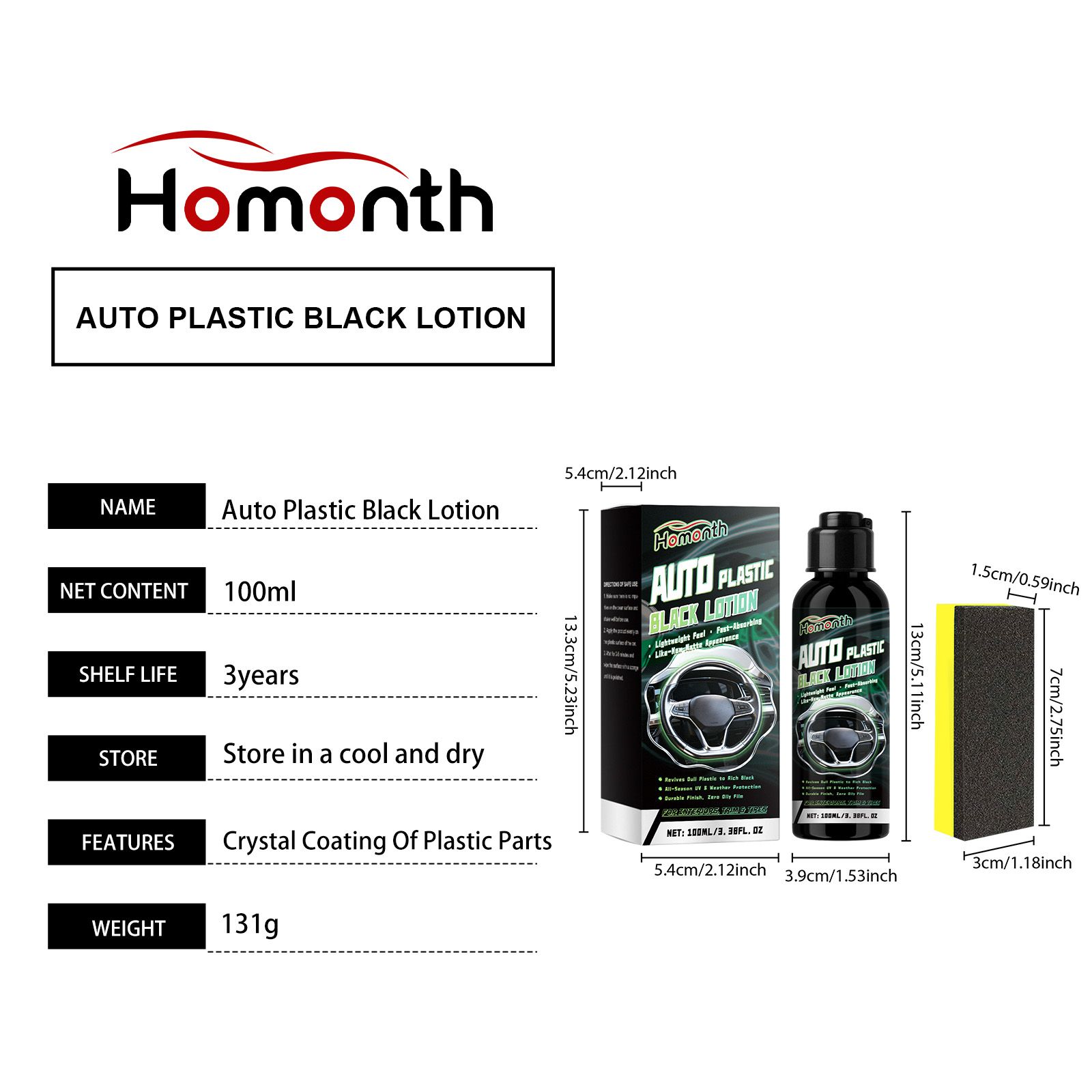 HOMONTH Automotive Plastic Trim Care Liquid, 100 ml with 1 Sponge photo 6