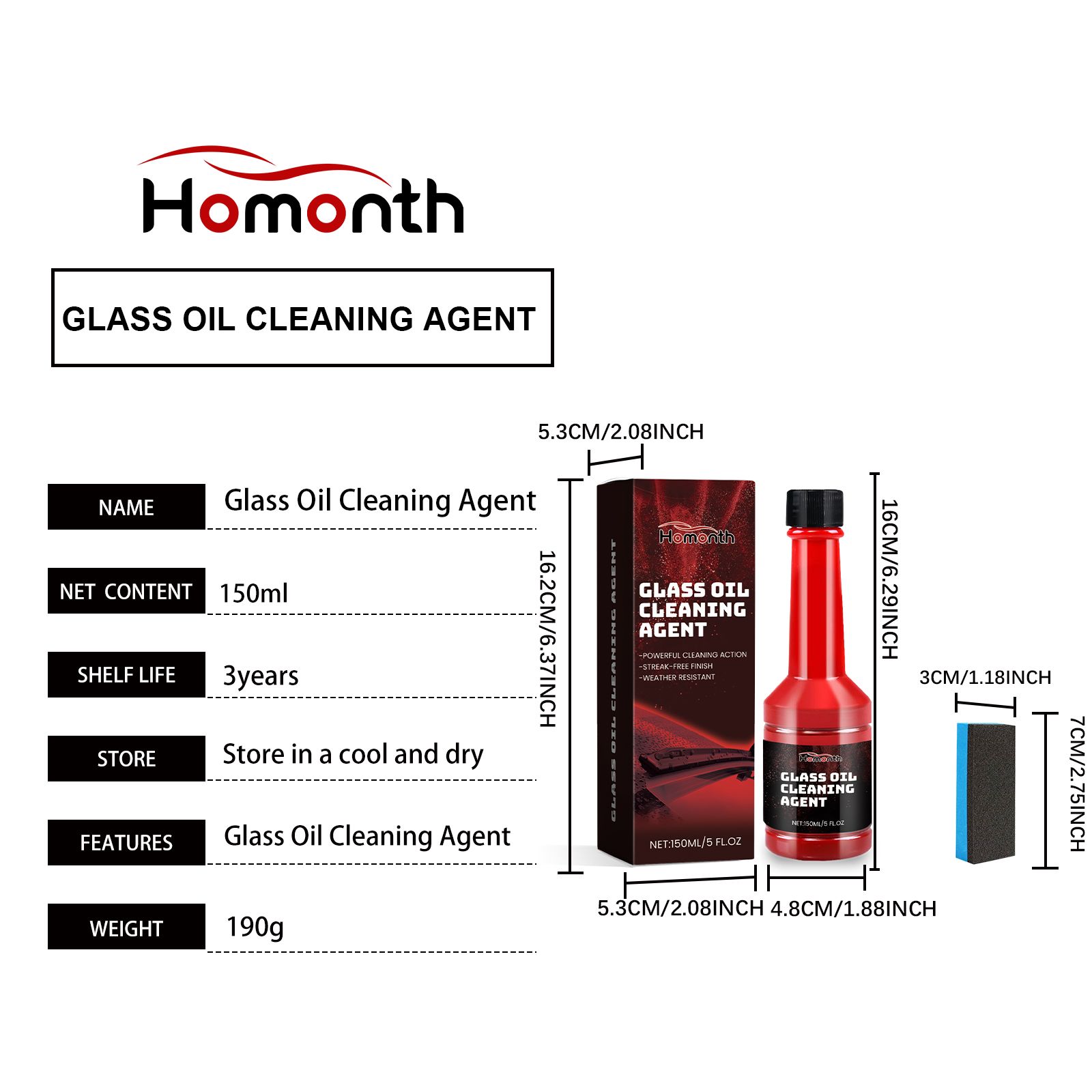 HOMONTH Automotive Windshield Glass Film Care Liquid, 150 ml with 1 Sponge photo 4