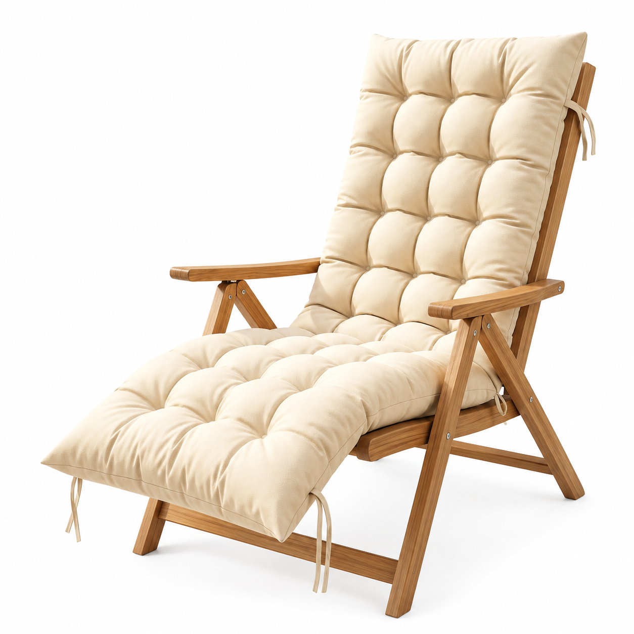 Beige Recliner Chair Cushion With Tie Straps - Soft Padded Full Length Fabric Seat Pad For Garden, Patio & Lounge Chairs photo 1