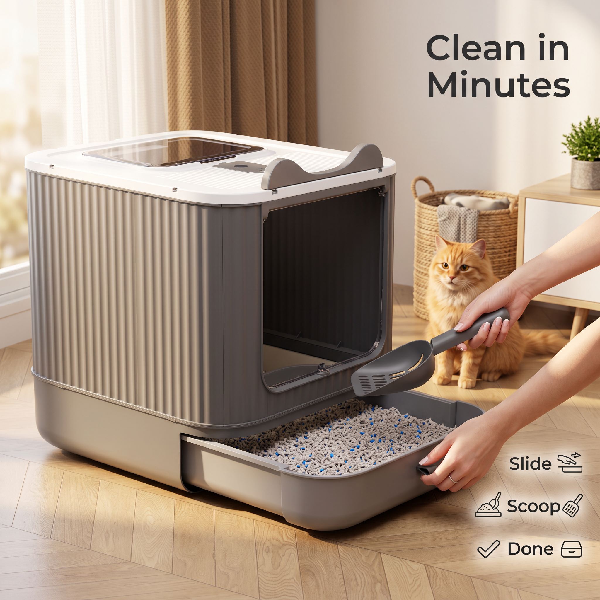 Enclosed Cat Litter Box With Top & Front Entry, Pull-Out Tray And Scoop, Mess-Reducing Indoor Cat Toilet photo 2