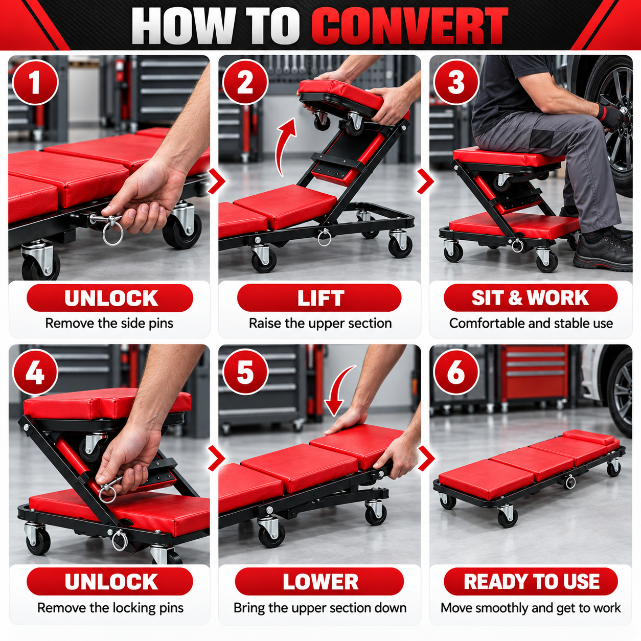 2 In 1 Mechanic Creeper Seat, Convertible Rolling Garage Creeper & Work Stool, Padded Car Repair Seat With Steel Frame And Swivel Castors photo 2