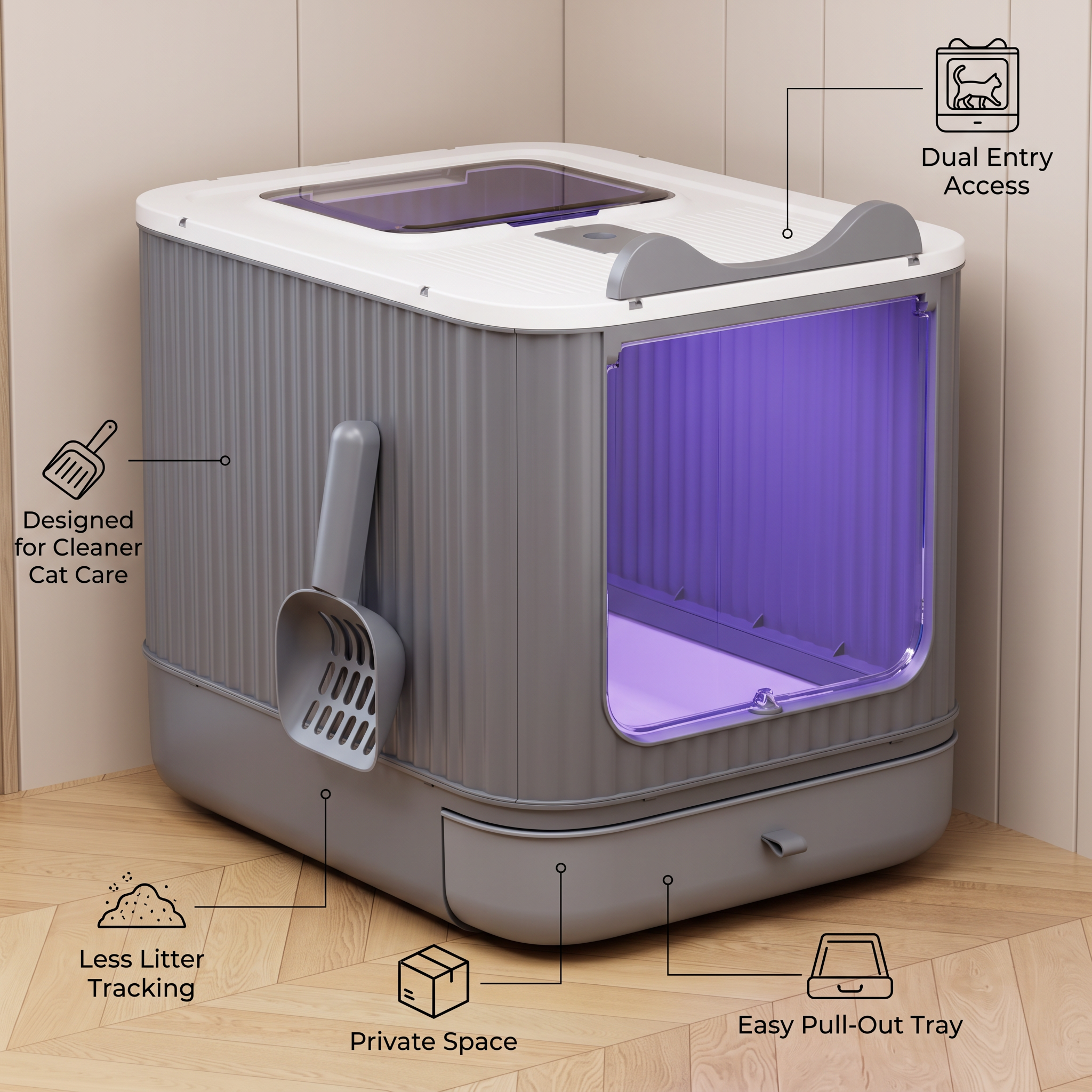 Enclosed Cat Litter Box With Top & Front Entry, Pull-Out Tray And Scoop, Mess-Reducing Indoor Cat Toilet photo 4