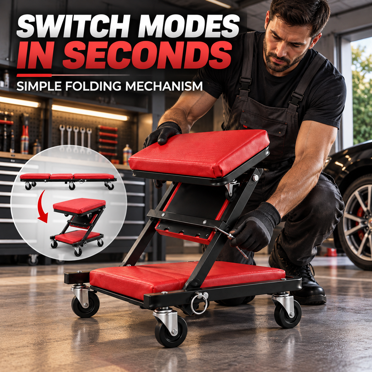 2 In 1 Mechanic Creeper Seat, Convertible Rolling Garage Creeper & Work Stool, Padded Car Repair Seat With Steel Frame And Swivel Castors photo 3