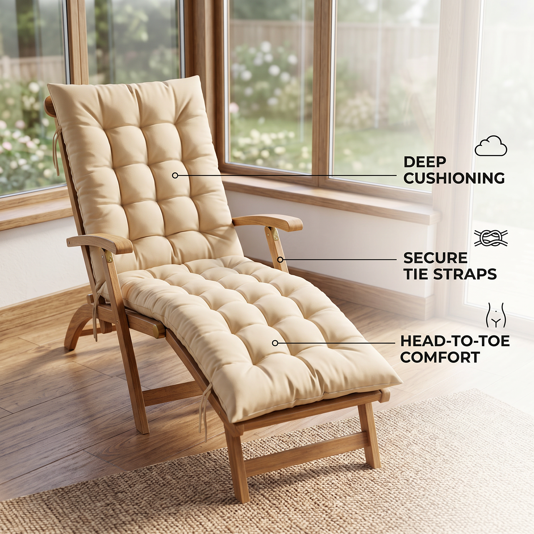 Beige Recliner Chair Cushion With Tie Straps - Soft Padded Full Length Fabric Seat Pad For Garden, Patio & Lounge Chairs photo 2