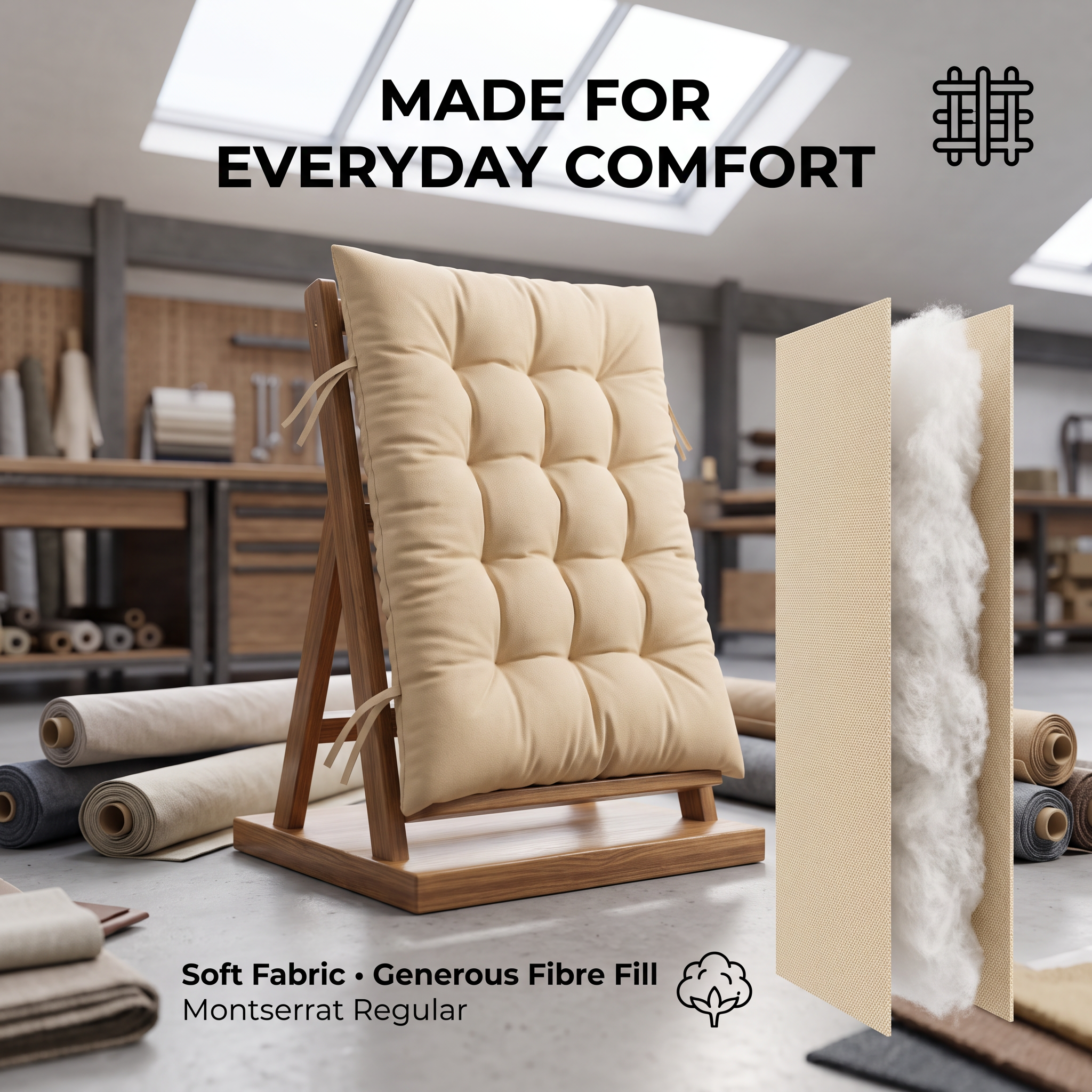 Beige Recliner Chair Cushion With Tie Straps - Soft Padded Full Length Fabric Seat Pad For Garden, Patio & Lounge Chairs photo 4
